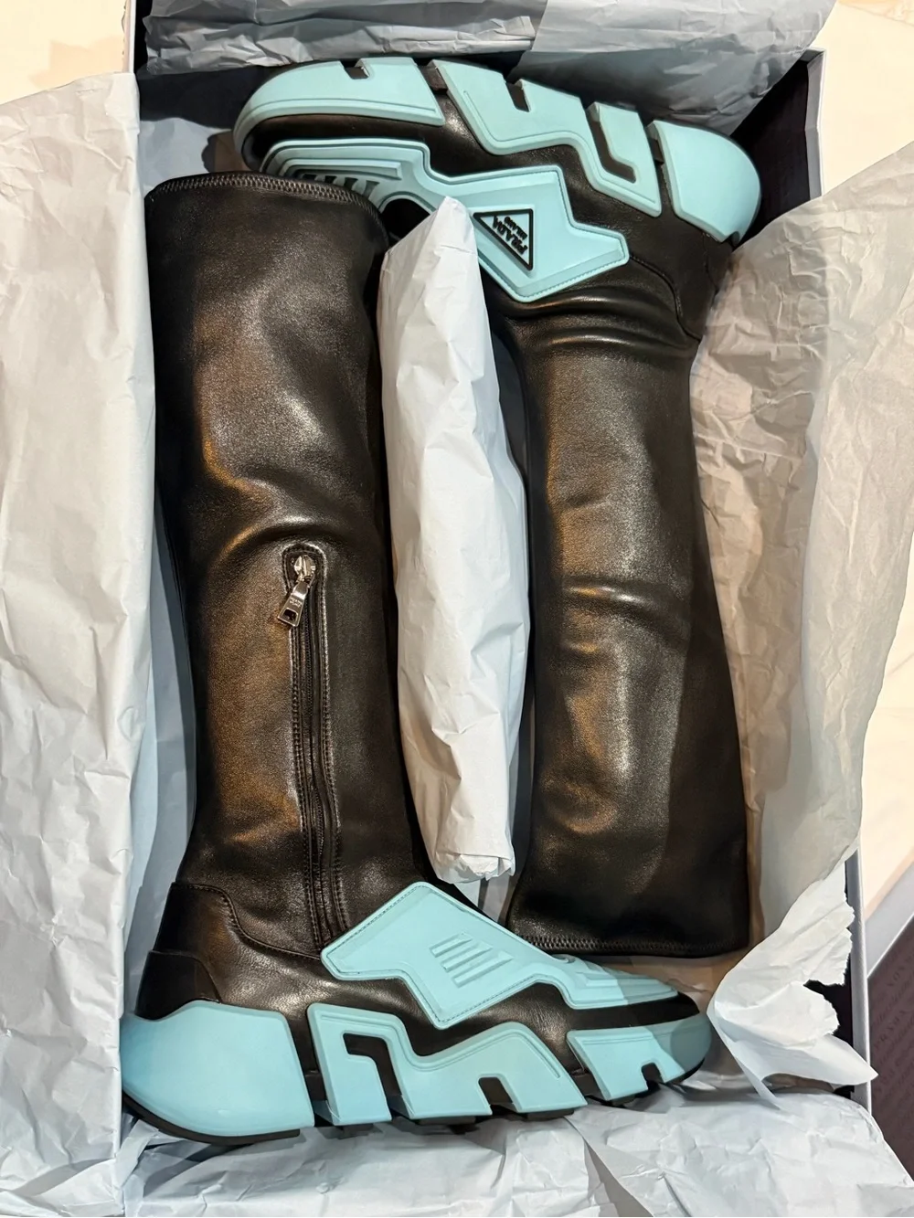 Prada Runway Techno Stretch Boots with Light Blue Platform Soles size 40